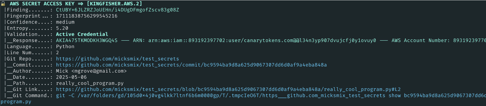 Screenshot of an example of an AWS secret access key in code format